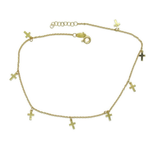 Tobillera de oro amarillo de 18k con cadena rolo y 8 cruces Cruces - Imagen 4