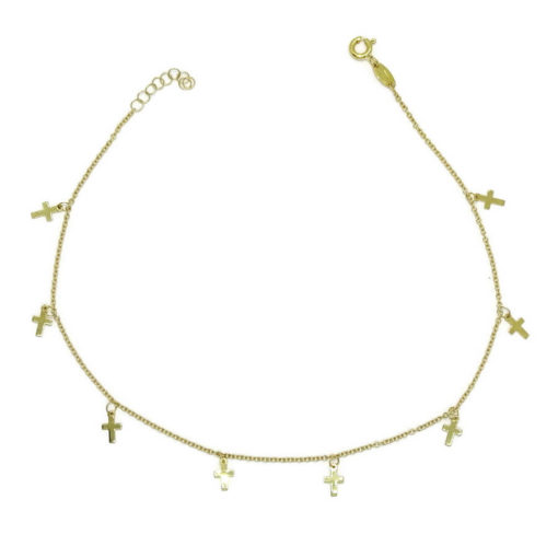 Tobillera de oro amarillo de 18k con cadena rolo y 8 cruces Cruces - Imagen 7