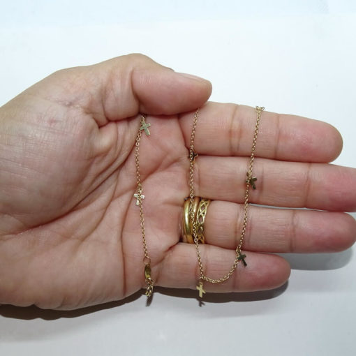 Tobillera de oro amarillo de 18k con cadena rolo y 8 cruces Cruces - Imagen 3