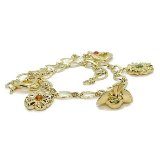 Precioso y alegre collar para mujer de oro amarillo de 18k con 5 motivos, corazones, flores y sombrero. 42.00cm de largo. 21.25gr de oro de 18k. - Imagen 9