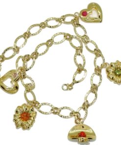 Precioso y alegre collar para mujer de oro amarillo de 18k con 5 motivos, corazones, flores y sombrero. 42.00cm de largo. 21.25gr de oro de 18k.