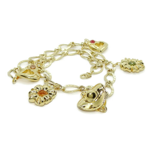 Precioso y alegre collar para mujer de oro amarillo de 18k con 5 motivos, corazones, flores y sombrero. 42.00cm de largo. 21.25gr de oro de 18k. - Imagen 8