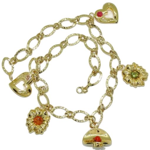 Precioso y alegre collar para mujer de oro amarillo de 18k con 5 motivos, corazones, flores y sombrero. 42.00cm de largo. 21.25gr de oro de 18k.