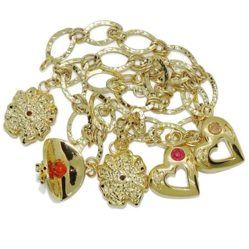 Precioso y alegre collar para mujer de oro amarillo de 18k con 5 motivos, corazones, flores y sombrero. 42.00cm de largo. 21.25gr de oro de 18k. - Imagen 5