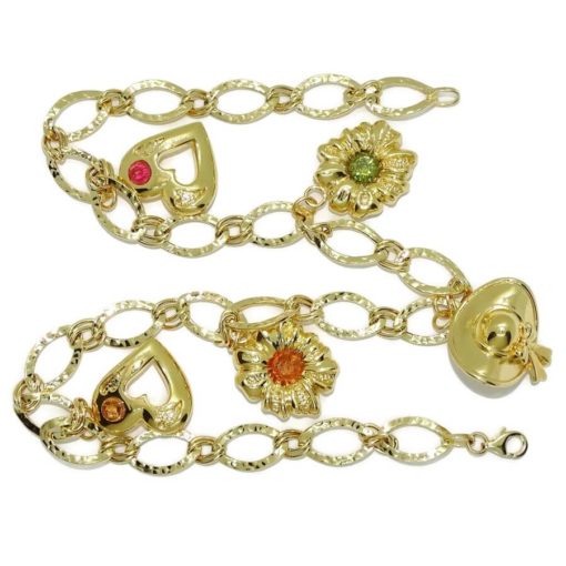 Precioso y alegre collar para mujer de oro amarillo de 18k con 5 motivos, corazones, flores y sombrero. 42.00cm de largo. 21.25gr de oro de 18k. - Imagen 4