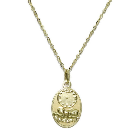 Medalla para bebé de oro amarillo de 18k con niño en pajas y reloj.
