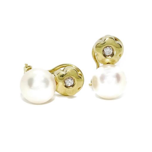 Pendientes tu y yo para mujer de oro amarillo de 18k con 0.10cts de diamantes y perla cultivada tipo de 9.00 mm.