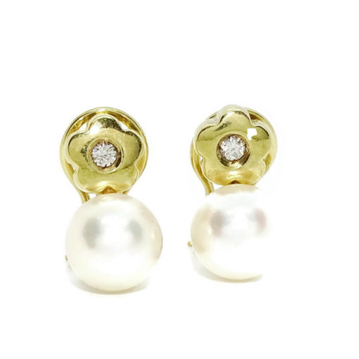 Pendientes tu y yo para mujer de oro amarillo de 18k con 0.10cts de diamantes y perla cultivada tipo de 9.00 mm. - Imagen 5