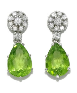 Pendientes de oro blanco de 18k para mujer con diamantes auténticos y 2 peridotos