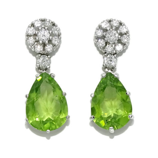 Pendientes de oro blanco de 18k para mujer con diamantes auténticos y 2 peridotos