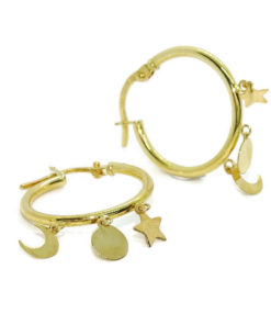 Pendientes aros de oro amarillo de 18k con motivos colgando, tubo de 2mm de grosor