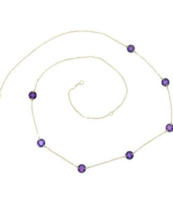 Collar de oro amarillo de 18k con 7 circonitas de color morado de 5mm y cadena forzada de 45cm