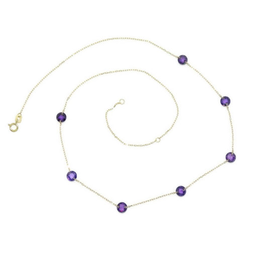 Collar de oro amarillo de 18k con 7 circonitas de color morado de 5mm y cadena forzada de 45cm