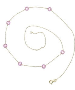 Collar de oro amarillo de 18k con 7 circonitas de color rosa de 5mm y cadena forzada