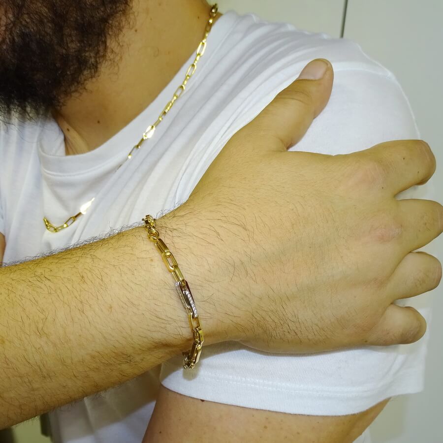 Pulsera de Oro amarillo y oro blanco de 18k con circonitas para Hombre o mujer modelo forzada doble de 4.50 mm de ancho y 21.00 cm de Larga - Imagen 2