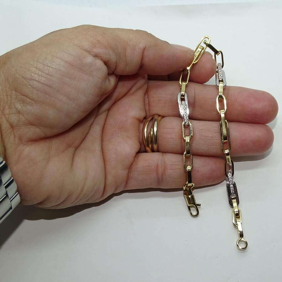 Pulsera de Oro amarillo y oro blanco de 18k con circonitas para Hombre o mujer modelo forzada doble de 4.50 mm de ancho y 21.00 cm de Larga - Imagen 3