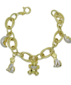 Preciosa y alegre pulsera para mujer de oro amarillo y oro blanco lapidado de 18k con 5 motivos.