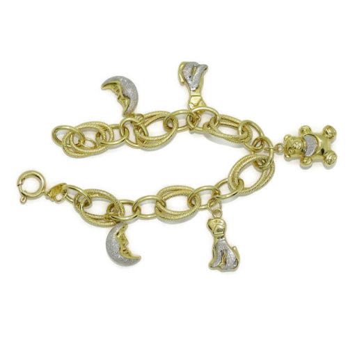 Preciosa y alegre pulsera para mujer de oro amarillo y oro blanco lapidado de 18k con 5 motivos. - Imagen 4