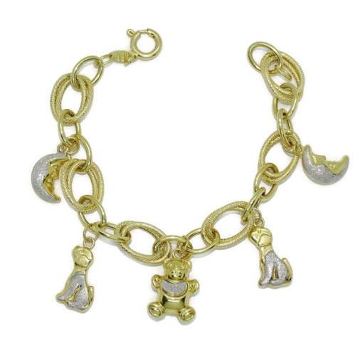 Preciosa y alegre pulsera para mujer de oro amarillo y oro blanco lapidado de 18k con 5 motivos.