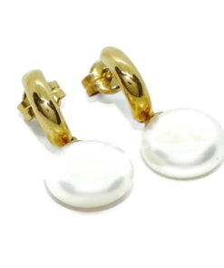 Preciosos y elegantes pendientes de medio gancho de oro amarillo de 18K con 2 perlas cultivadas tipo coin de 11mm