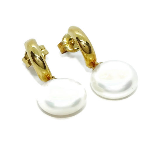 Preciosos y elegantes pendientes de medio gancho de oro amarillo de 18K con 2 perlas cultivadas tipo coin de 11mm