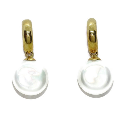 Preciosos y elegantes pendientes de medio gancho de oro amarillo de 18K con 2 perlas cultivadas tipo coin de 11mm - Imagen 4