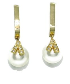 Pendientes para mujer de oro amarillo de 18k con circonitas engastadas y perlas cultivadas redondas de 9.00mm