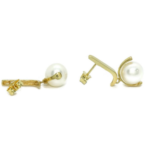 Pendientes para mujer de oro amarillo de 18k con una barra de circonitas y perlas cultivadas redondas de 9.00mm - Imagen 8