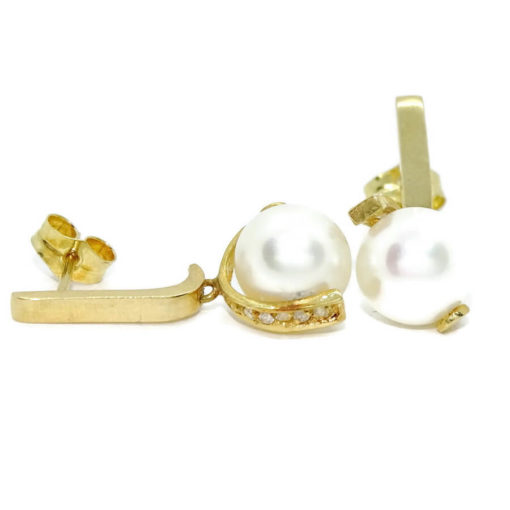 Pendientes para mujer de oro amarillo de 18k con una barra de circonitas y perlas cultivadas redondas de 9.00mm - Imagen 7
