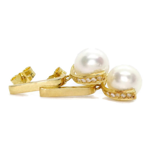 Pendientes para mujer de oro amarillo de 18k con una barra de circonitas y perlas cultivadas redondas de 9.00mm - Imagen 4