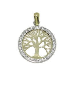 Colgante árbol de la vida bicolor oro 18k con 38 circonitas. 1.70cm de diámetro. Todo oro 18k