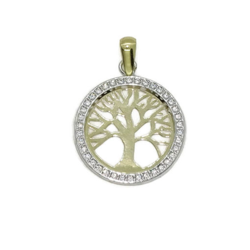 Colgante árbol de la vida bicolor oro 18k con 38 circonitas. 1.70cm de diámetro. Todo oro 18k