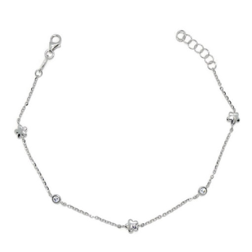 Preciosa pulsera especial ideal comunión y mujer toda de oro blanco de 18k, con flores y circonitas. 19.00 cm de larga