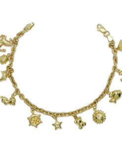 Preciosa y alegre pulsera para mujer de oro amarillo de 18k con 11 motivos y cadena rolo