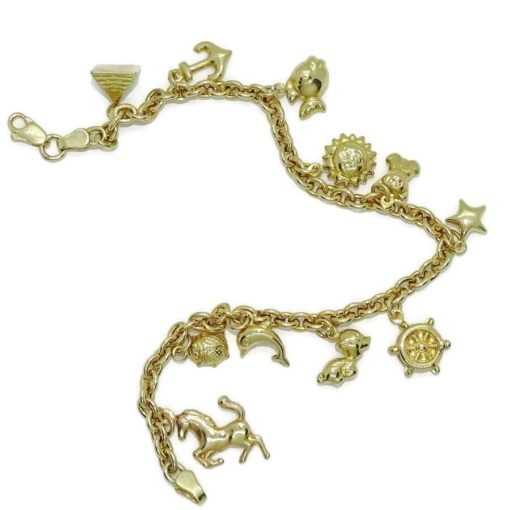 Preciosa y alegre pulsera para mujer de oro amarillo de 18k con 11 motivos y cadena rolo - Imagen 4