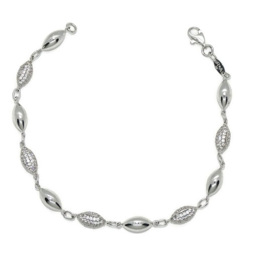 Preciosa pulsera con bellotas de oro blanco de 18k y circonitas. 19.00 cm de larga con cierre mosquetón. Peso; 6.35gr