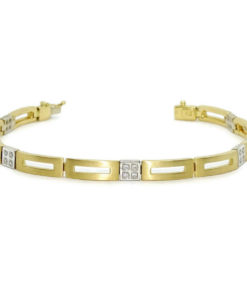 Preciosa pulsera clásica para mujer de oro amarillo mate y brillo y oro blanco con 20 circonitas, todo de 18k. Semi-rígida