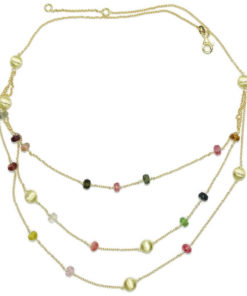 Collar de oro amarillo de 18k con piedras de color y  pepitas de oro mate. Cadena forzada que se divide en 3 cadenas en el parte delantera para que brilles el triple!