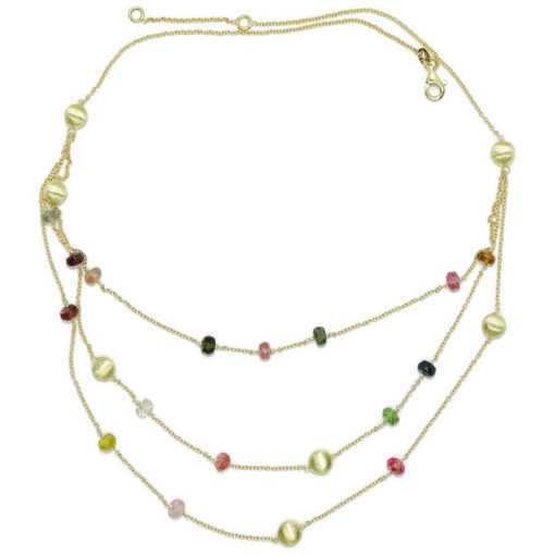 Collar de oro amarillo de 18k con piedras de color y  pepitas de oro mate. Cadena forzada que se divide en 3 cadenas en el parte delantera para que brilles el triple!