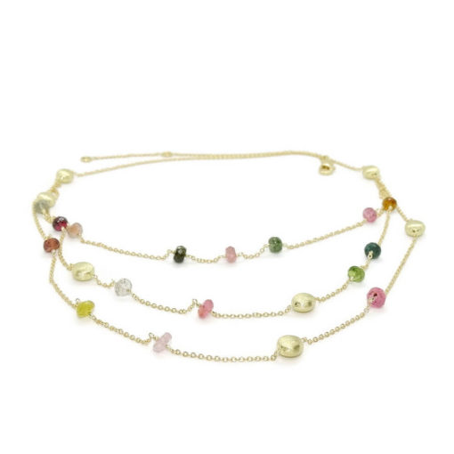 Collar de oro amarillo de 18k con piedras de color y  pepitas de oro mate. Cadena forzada que se divide en 3 cadenas en el parte delantera para que brilles el triple! - Imagen 8