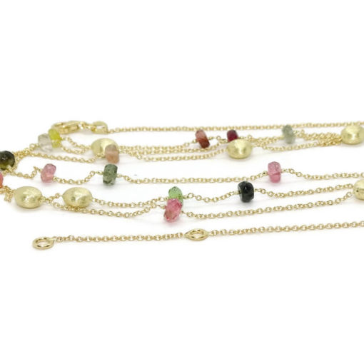 Collar de oro amarillo de 18k con piedras de color y  pepitas de oro mate. Cadena forzada que se divide en 3 cadenas en el parte delantera para que brilles el triple! - Imagen 6