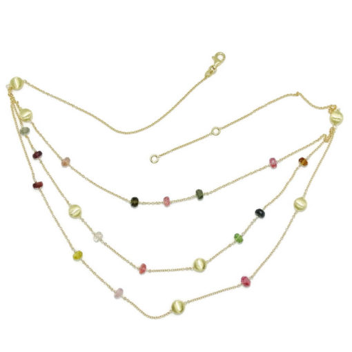 Collar de oro amarillo de 18k con piedras de color y  pepitas de oro mate. Cadena forzada que se divide en 3 cadenas en el parte delantera para que brilles el triple! - Imagen 9