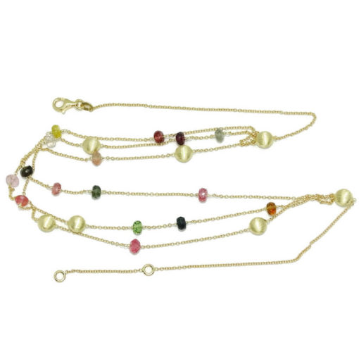 Collar de oro amarillo de 18k con piedras de color y  pepitas de oro mate. Cadena forzada que se divide en 3 cadenas en el parte delantera para que brilles el triple! - Imagen 5