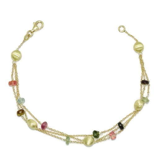 Pulsera de oro amarillo de 18k con 10 piedras de color de 5.00 mm y 5 pepitas de oro mate de 6.00 mm.