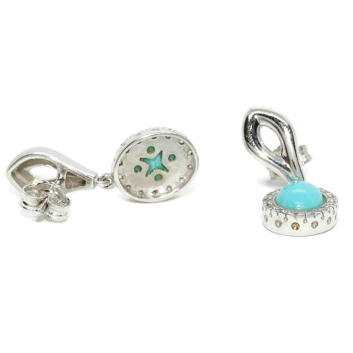 Preciosos pendientes de oro blanco de 18k con turquesas y circonitas. Largo, 2.60cm. Cierre presión. Oro 18k para mujer - Imagen 4