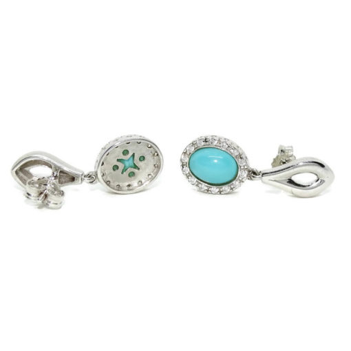 Preciosos pendientes de oro blanco de 18k con turquesas y circonitas. Largo, 2.60cm. Cierre presión. Oro 18k para mujer - Imagen 5