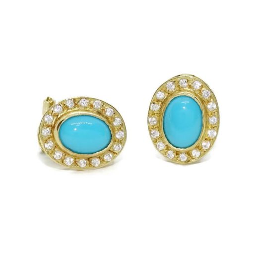 Preciosos pendientes de oro amarillo de 18k con turquesas y circonitas. Cierre omega. 1.30cm de largos. - Imagen 4