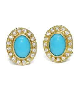 Preciosos pendientes de oro amarillo de 18k con turquesas y circonitas. Cierre omega. 1.30cm de largos.