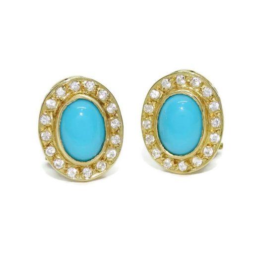 Preciosos pendientes de oro amarillo de 18k con turquesas y circonitas. Cierre omega. 1.30cm de largos.