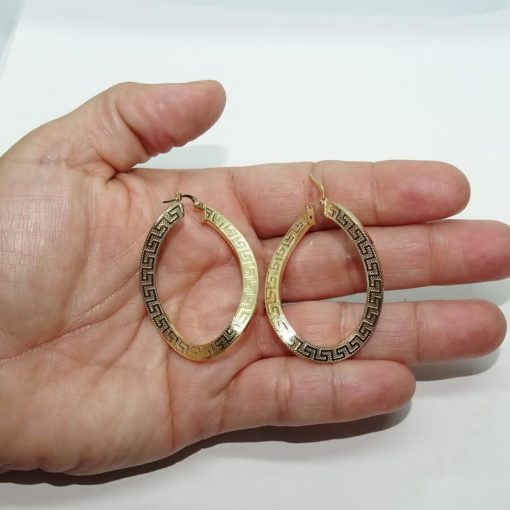 Pendientes de aro ondulado grande de oro amarillo de 18k con greca, tubo cuadrado de 4.00 mm y 4.00cm de largos - Imagen 3